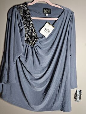 NWT Bob Mackie Dusty Blue Draped Tunic with Beaded Accent